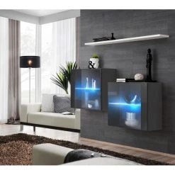 Tout neuf 🔥 Paris Prix Lot De 2 Vitrines Murales & Étagère Switch SBIII 130cm Gris & Blanc 🔔