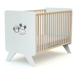 De gros ⭐ AT4 Lit Bébé 60x120 Cm MICKEY ET MINNIE DISNEY Blanc Et Hêtre ⭐