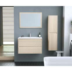 Le moins cher ✨ Ensemble Meuble De Salle De Bain Bloc 2 Tiroirs Avec Vasque Encastrée Et Miroir L80 Cm + Colonne LAKE ????