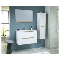 Acheter ✨ Ensemble Meuble De Salle De Bain Bloc 2 Tiroirs Avec Vasque Encastrée Et Miroir L80 Cm + Colonne HAPPY ⭐