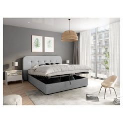 Sortie ✨ Lit Coffre Avec Sommier Relevable Et Tête De Lit Capitonnée En Tissu Gris Clair 140x190 Cm JOHN ????