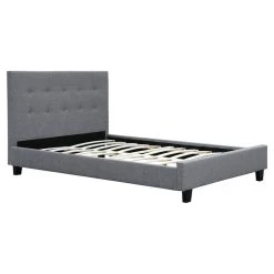 Budget 🛒 Lit Avec Sommier Et Tête De Lit Capitonnée En Tissu Gris Foncé 140x190 Cm AMAURY 🎁