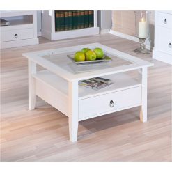 Nouveau ???? Table Basse Carrée En Bois Massif 1 Tiroir Plateau Verre L75cm CASSIS ????