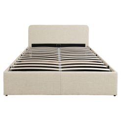 Acheter ✔️ Lit Coffre Avec Sommier Relevable Et Tête De Lit Arrondie En Tissu 160x200 Cm CARVOEIRO ????