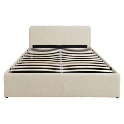 Acheter ✔️ Lit Coffre Avec Sommier Relevable Et Tête De Lit Arrondie En Tissu 160x200 Cm CARVOEIRO 🎉