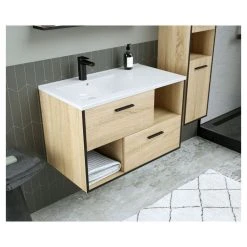 Bon marché 🌟 Ensemble Meuble De Salle De Bain Bloc 2 Tiroirs Avec Vasque Encastrée Et Miroir L80 Cm ROXY 👏