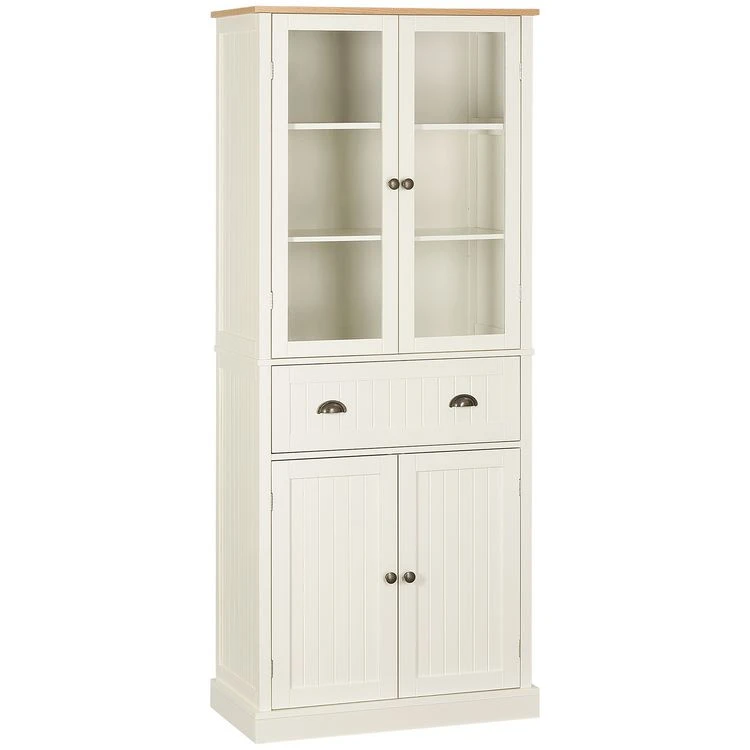 Remise 🧨 HOMCOM Armoire De Cuisine Buffet Haut 4 Portes Grand Tiroir Coulissant Dim. 76L X 40l X 182H Cm Panneaux Crème Verre 🎁 3 Remise 🧨 HOMCOM Armoire De Cuisine Buffet Haut 4 Portes Grand Tiroir Coulissant Dim. 76L X 40l X 182H Cm Panneaux Crème Verre 🎁