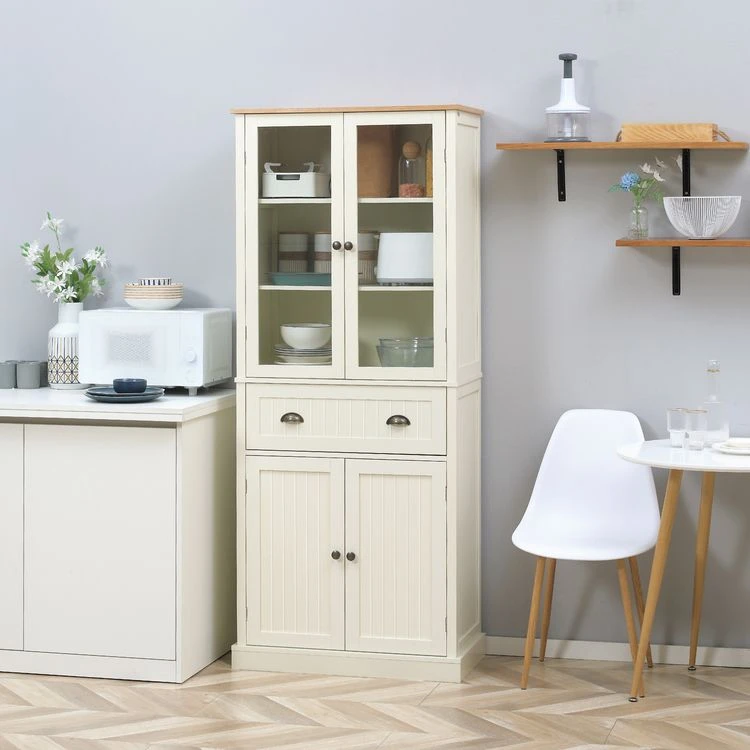 Remise 🧨 HOMCOM Armoire De Cuisine Buffet Haut 4 Portes Grand Tiroir Coulissant Dim. 76L X 40l X 182H Cm Panneaux Crème Verre 🎁 4 Remise 🧨 HOMCOM Armoire De Cuisine Buffet Haut 4 Portes Grand Tiroir Coulissant Dim. 76L X 40l X 182H Cm Panneaux Crème Verre 🎁 – Image 2