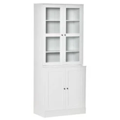 Meilleure vente 😍 HOMCOM HOMCOM Bibliothèque Vitrine Multi-rangement - 2 Portes Verre, 2 Portes Bois, 4 étagères Réglables - MDF Blanc 🔔