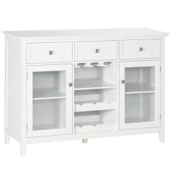Budget ⌛ HOMCOM Buffet 2 Portes étagères Réglables 3 Tiroirs Casier 6 Bouteilles Support Verres Panneaux Particules MDF Blanc Verre 🔥