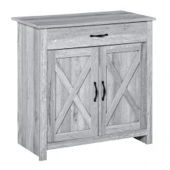 Promo 👏 HOMCOM HOMCOM Buffet 2 Portes Tiroir Style Rural Chic Placard Avec étagère Poignées Métal Noir MDF Panneaux Particules Aspect Bois Gris Clair ⌛