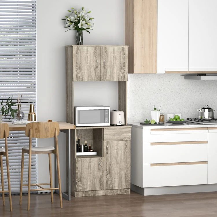 Remise ⭐ HOMCOM HOMCOM Armoire De Cuisine Multi-rangements 3 Placards 2 Niches Tiroir Panneaux Particules Classe E1 Aspect Chêne Gris ⭐ 4 Remise ⭐ HOMCOM HOMCOM Armoire De Cuisine Multi-rangements 3 Placards 2 Niches Tiroir Panneaux Particules Classe E1 Aspect Chêne Gris ⭐ – Image 2