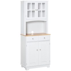 Bon marché ???? HOMCOM HOMCOM Armoire De Cuisine 2 Placards 2 Portes Persiennes Et Acryliques 2 Tiroirs Grande Niche Bois Caoutchouc MDF Blanc ????