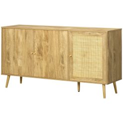 Le moins cher ???? HOMCOM Buffet 3 Portes 3 étagères Réglables Style Bohème Piètement Incliné Effilé Bois Panneaux Particules Aspect Bois Clair Cannage En Rotin ????