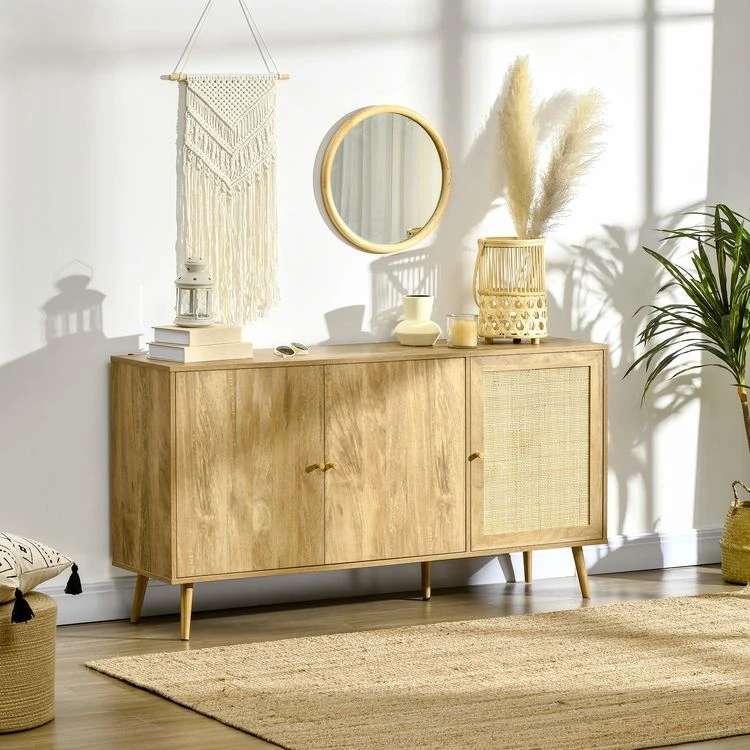 Le moins cher 🔥 HOMCOM Buffet 3 Portes 3 étagères Réglables Style Bohème Piètement Incliné Effilé Bois Panneaux Particules Aspect Bois Clair Cannage En Rotin 😍 4 Le moins cher 🔥 HOMCOM Buffet 3 Portes 3 étagères Réglables Style Bohème Piètement Incliné Effilé Bois Panneaux Particules Aspect Bois Clair Cannage En Rotin 😍 – Image 2