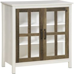 Tout neuf ???? HOMCOM Buffet Armoire De Rangement - 2 Portes Vitrine Verre, 2 étagères Réglables - Verre Trempé Panneaux Particules Aspect Bois Blanc Effet Céruse ????