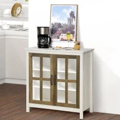 Tout neuf 😀 HOMCOM Buffet Armoire De Rangement - 2 Portes Vitrine Verre, 2 étagères Réglables - Verre Trempé Panneaux Particules Aspect Bois Blanc Effet Céruse 🌟 -VIDAXL Shop unnamed file 620