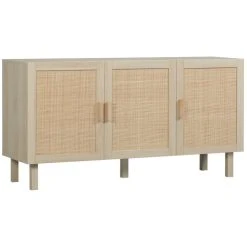Promo 🌟 HOMCOM Buffet 3 Portes Style Bohème Chic Cannage En Rotin Panneaux Aspect Bois Clair ⭐