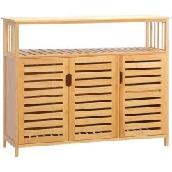 De gros 🥰 HOMCOM Buffet Meuble De Rangement Bois Bambou à Lattes Style Naturel - 3 Portes, 4 étagères ✔️